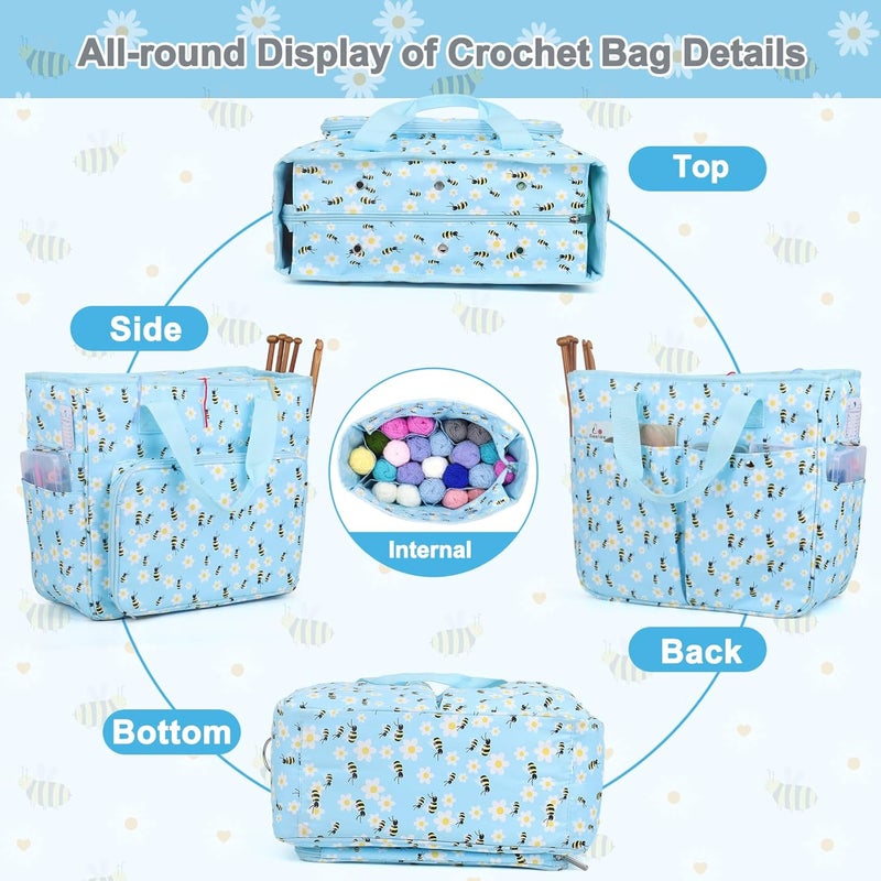 Aeelike Yarn Storage Organizer Travel Crochet Bag, Large Capacity Tote Bag Knitting Bag for Carrying Projects, Knitting Needles, Crochet Hooks and Yarn, Blue Floral and Bees - Image 5